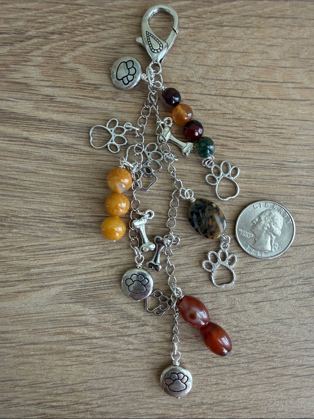 HAND CRAFTED DOG LOVER PAW PRINT CHARM KEYCHAIN Silver Chains & Earthtone Beads - Picture 6 of 7
